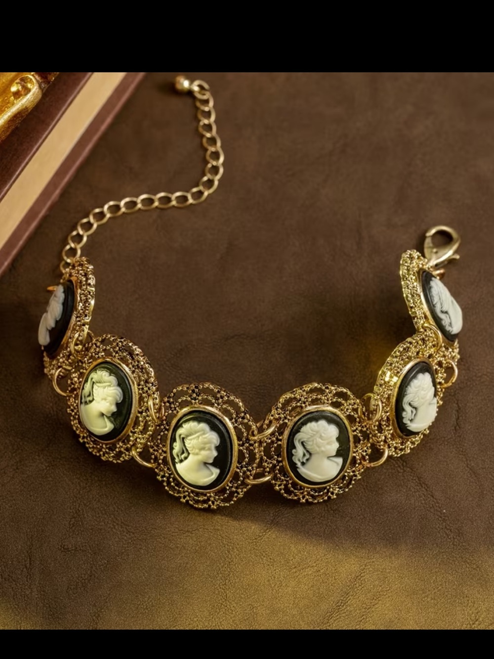 Vintage-Inspired Black & Gold Cameo Bracelet